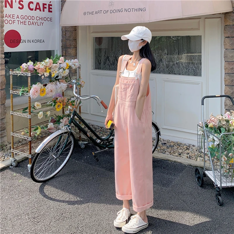 

Fashion Pink Denim Overalls Spring Summer 2023 New High Waist Straight Wide Leg Jeans Casual Women Jumpsuits Streetwear