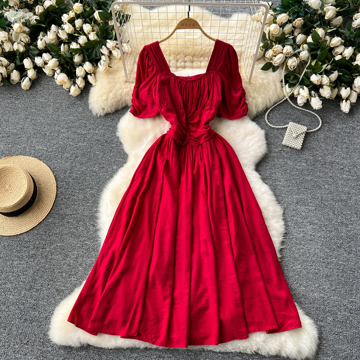 

Harajpoo Fashion French Square Neckline Bubble Sleeve Dress Women Summer Waistband Tucked Pleated Slim Temperamen Vestidos
