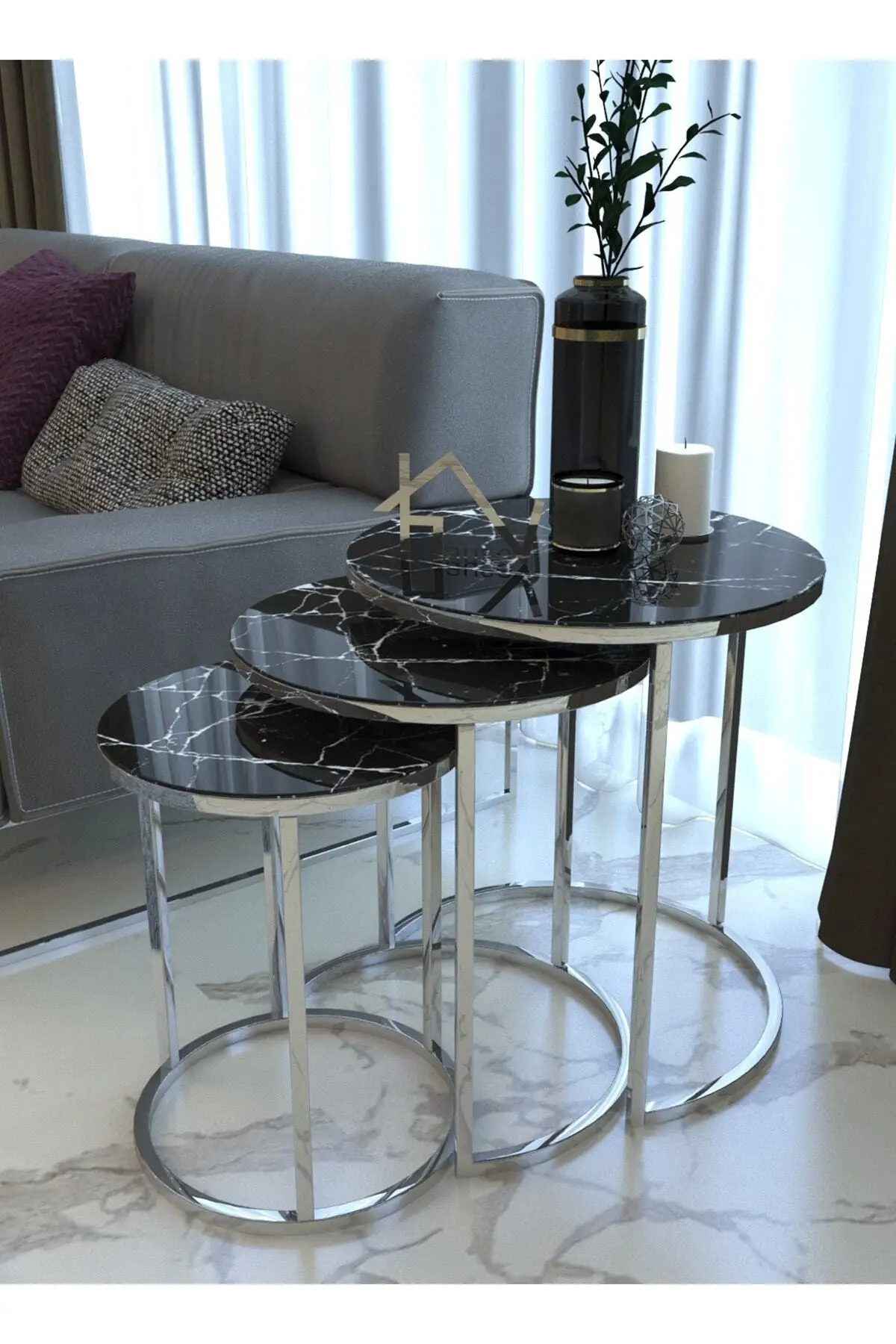 

End Table Coffee Table Set Silver Metal Nesting Table Unbreakable Tempered Glass Marble Pattern Scandinavian Style 1. Quality