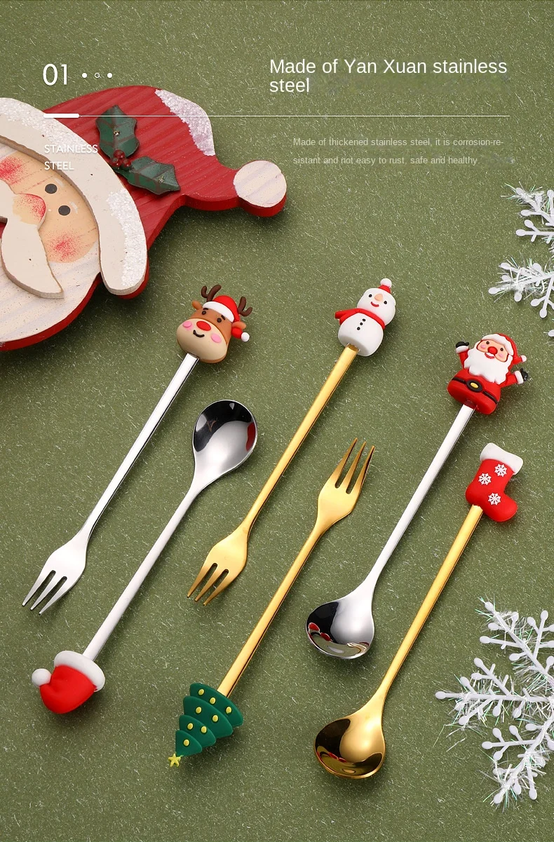 Description Picture 3 of item6/4/1PCS Christmas Gift Glod Spoon Fork Set Elk Christmas Tree Decoration Dessert Scoop Fruit Fork Coffee Spoon Cutlery Set