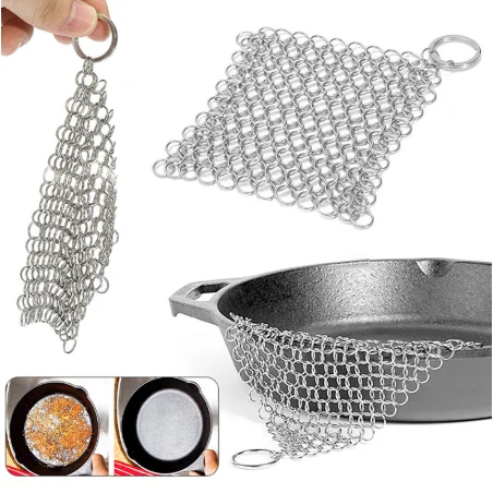 

Silver Stainless Steel Cast Iron Cleaner Chainmail Scrubber Home Cookware Clean For Skillets Grill Pans