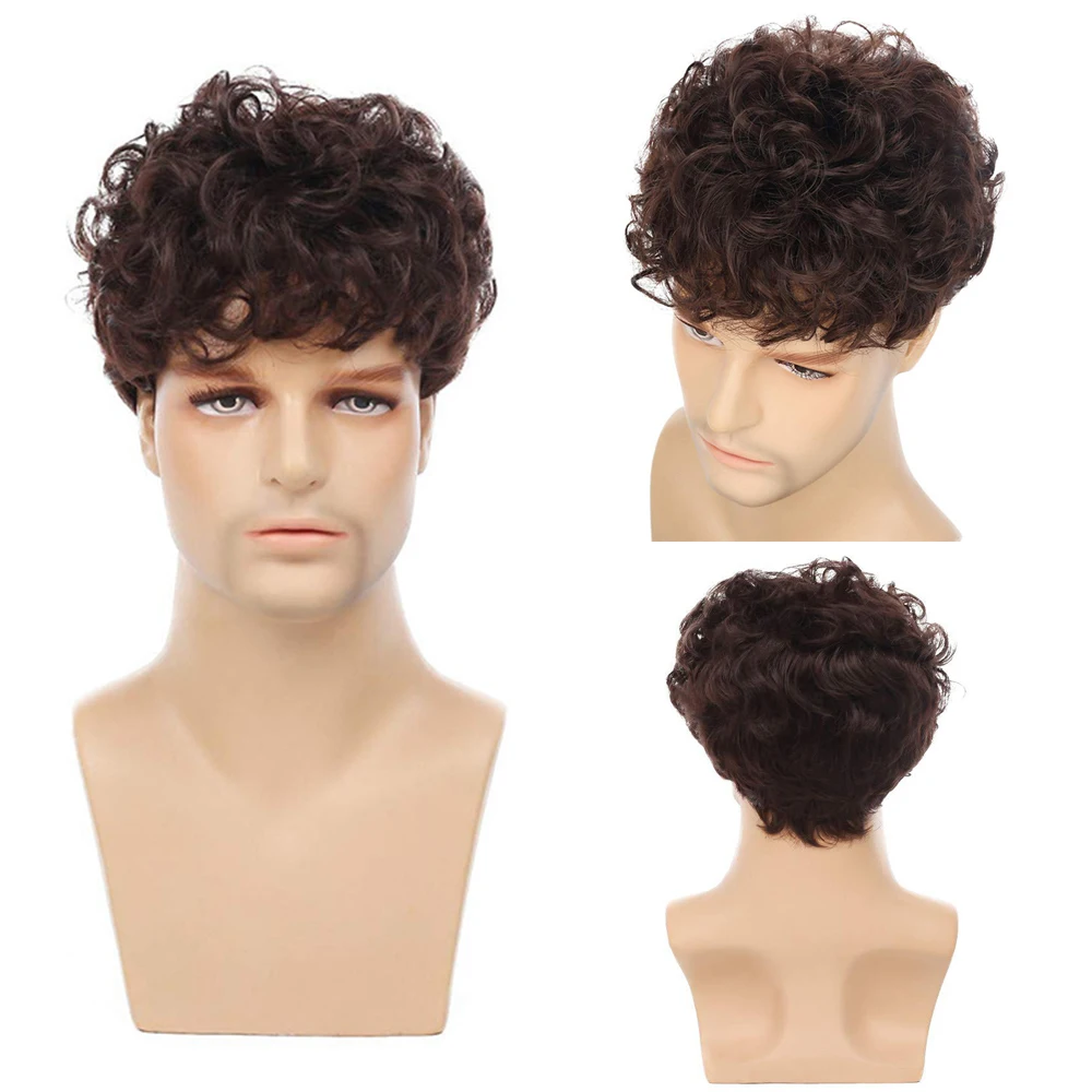

Gres Men Natural Brown Wigs Short Wavy Fluffy Synthetic Hair Wig for Daily Use High Temperature Fiber