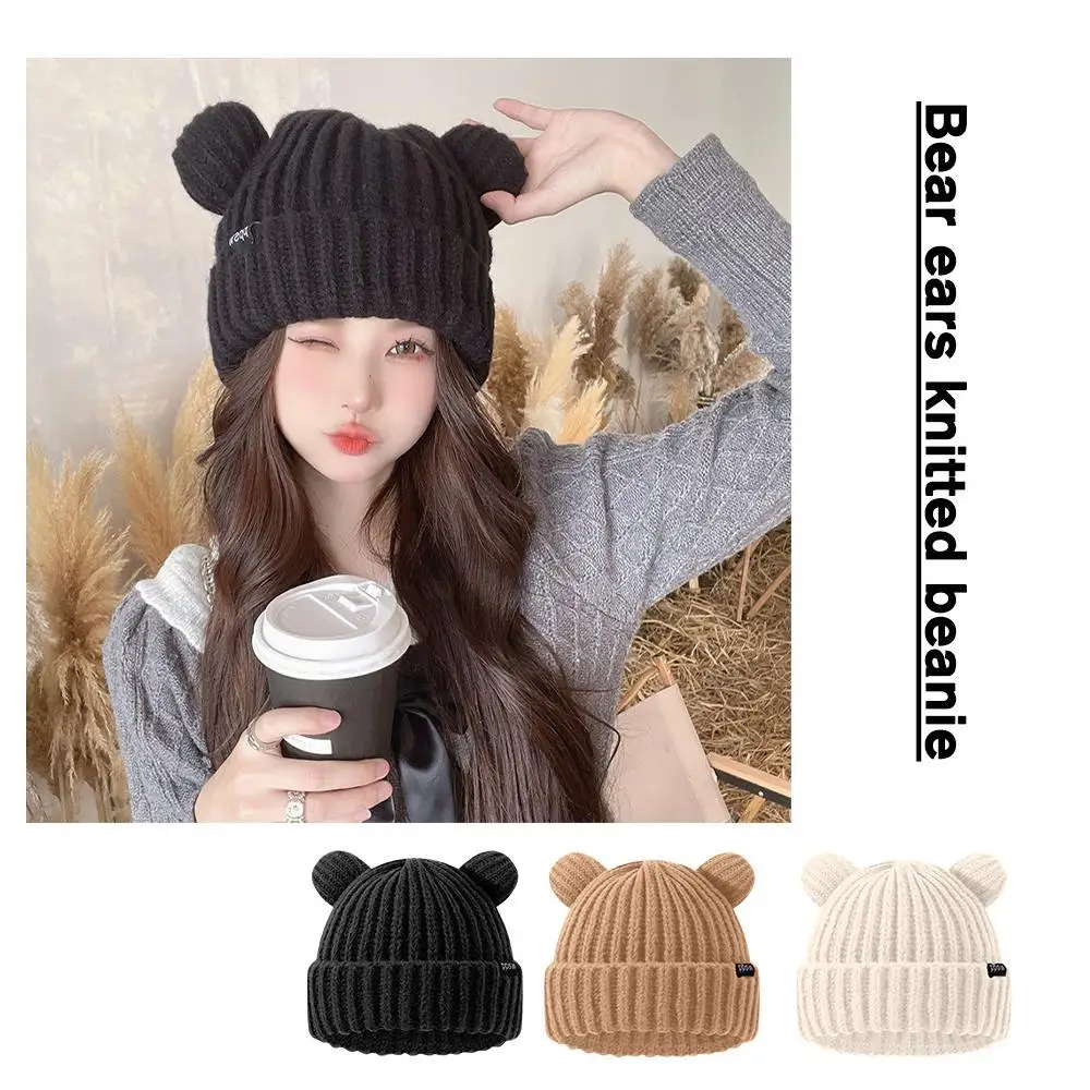 

Lovely Bear Ears Knitted Hat Soft Plush Thickened Adult Korean Fashion Beanie Outdoor Ear Wool Caps Hat Protection Warm Handmade