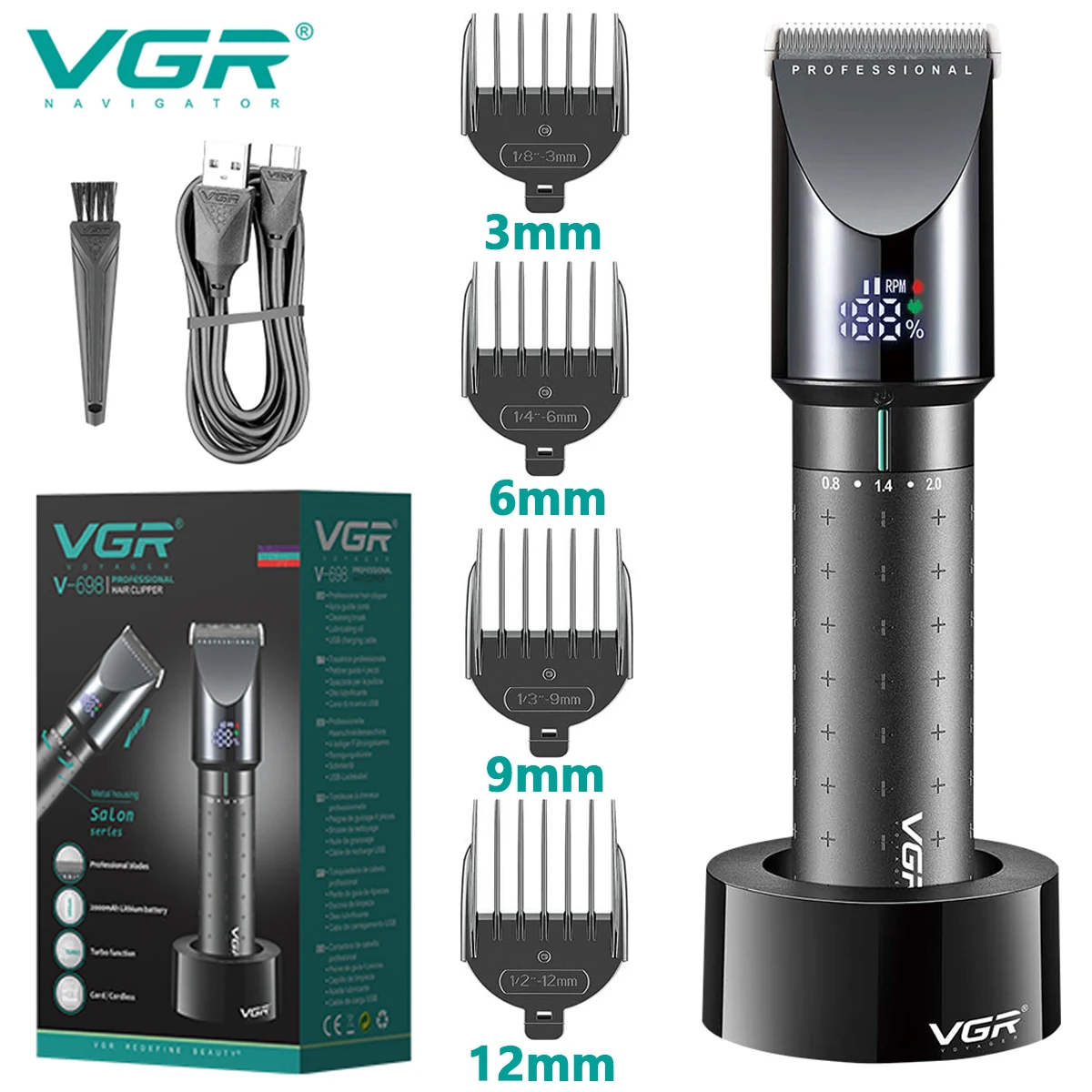 

VGR Hair Clipper Professional Hair Trimmer Electric Hair Cutting Machine Cordless Metal Shell LED Display Clippers for Men V-698
