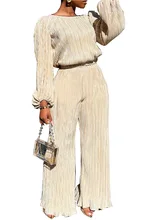  Chocomist Two-pieces Fashion Solid Folds Lantern Sleeve Women Pants Set 