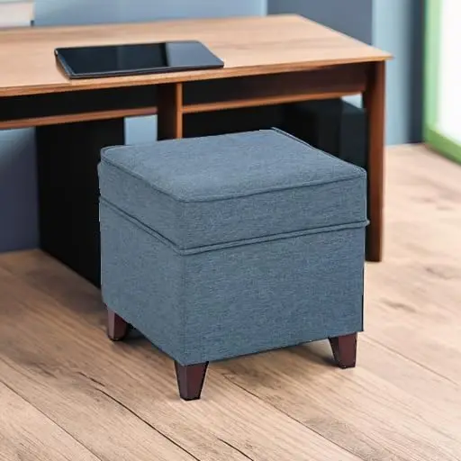 17" Square Ottoman with Storage,Small Blue Storage Ottoman Foot Rest with Hinged Lid & Solid Wood Legs, Linen Fabric Foot Stool