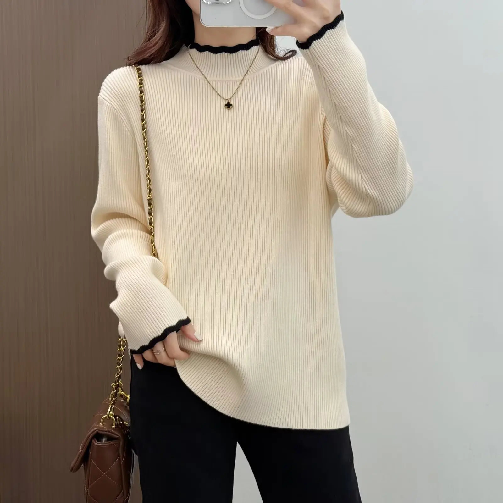 XXXL Fashion Plus Size Women's Sweaters Autumn And Winter New Style Contrasting Color Mock Neck Knitted Pullover 6667