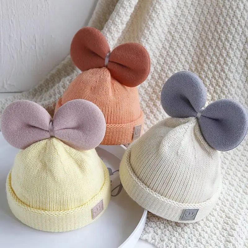 

Детская шапка с помпоном, бархатная зимняя теплая вязаная шапка с бантом для девочек, плотные шапки с помпоном, детская Шапка-бини, детская шапка