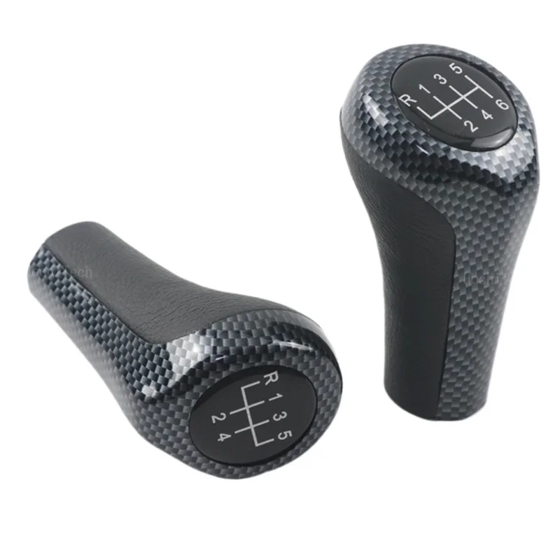 Carbon Look Leather Gear Shift Knob - Silver, 5/6 Speed Car Shifter