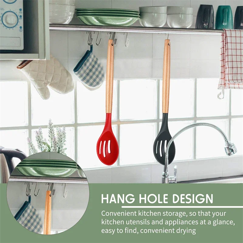 2Pcs Non-Stick Silicone Skimmer Colander Wooden Handle Slotted Serving Spoon Heat-Resistant Cooking Utensil Salad Stirring Spoon