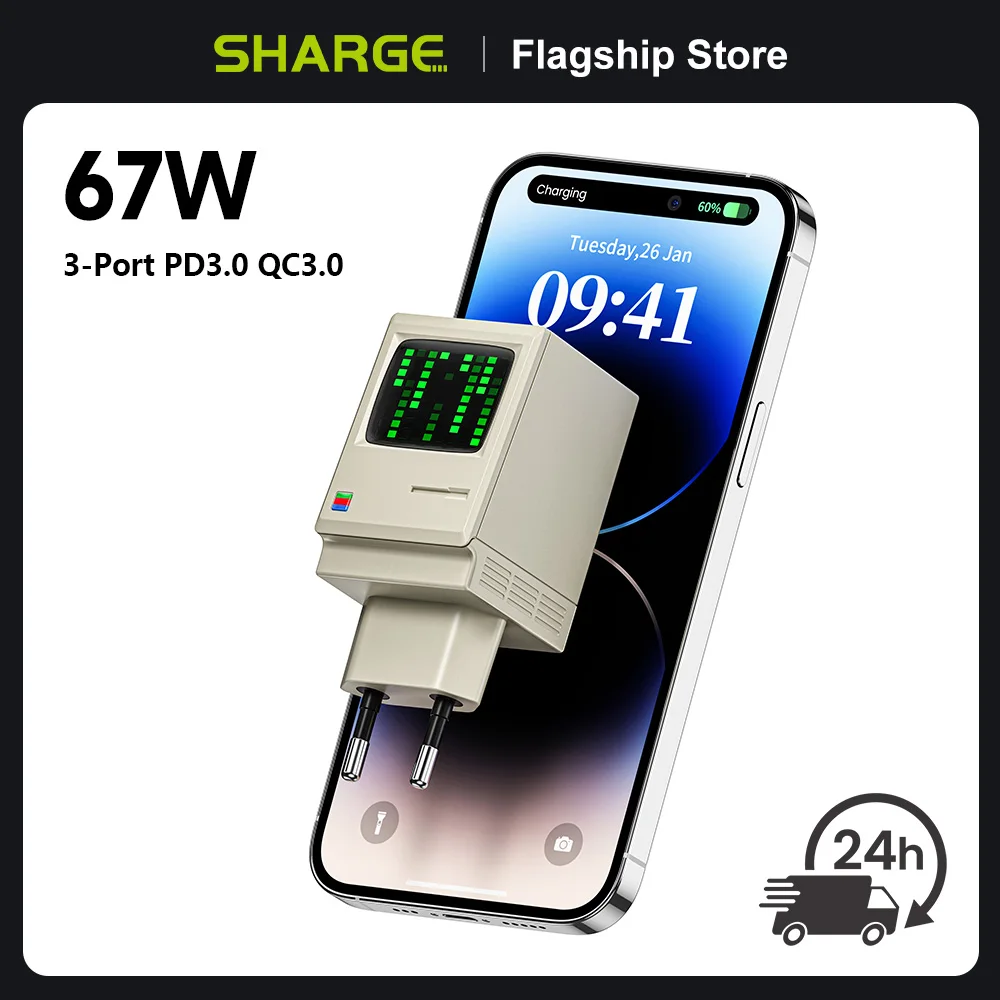 

SHARGE Retro 67 GaN 67W Fast Charger 67W 3*USB-C Power Adapter for Tablet Fast Charging for iPhone 15 Galaxy, Google Pixel