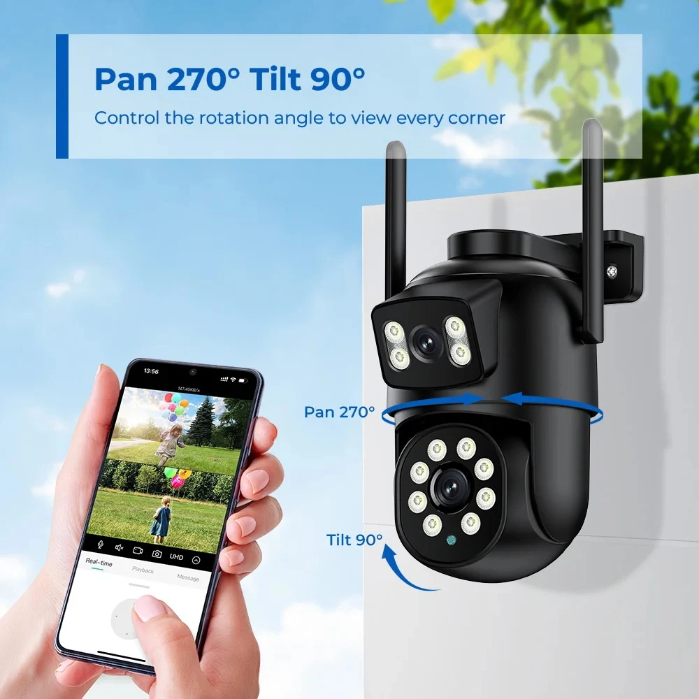 10채널 4K 보안 듀얼 렌즈 WIFI PTZ 카메라 시스템 8MP POE NVR 실외 컬러 야간 투시 카메라 비디오 감시 세트 XMeye 앱