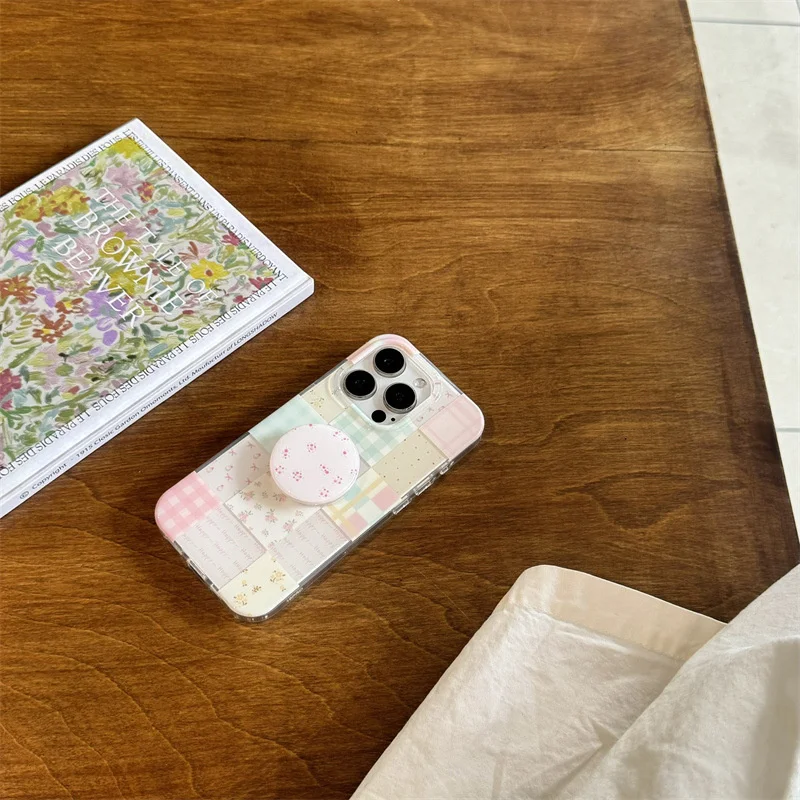 Chic Floral Grid Phone Case with Holder Attachment