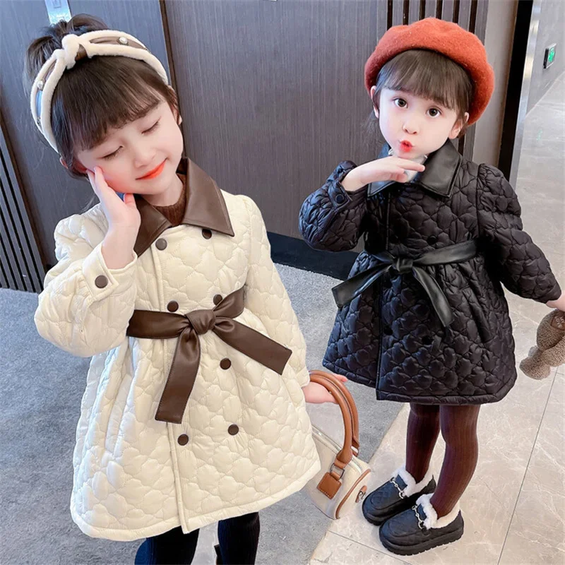 

Girls Coat Jacket Cotton Outwear Overcoat 2023 Belt Warm Thicken Velvet Winter Plus Size Children's Clothing