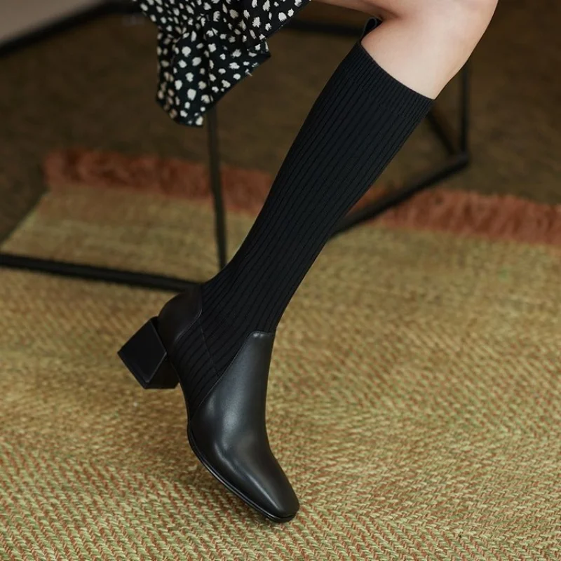 Women Winter Knee High Knitting Warm High Boot Heels Weave Casual Designer Chunky Motorcycle Sock Boots
