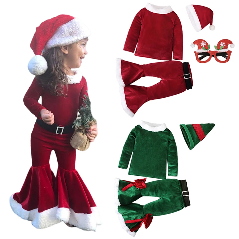 Girls Christmas Cosplay Long Sleeve Bell Bottom Velvet Suit Carnival Party Santa Claus Costume For 2-10 Years