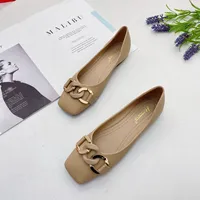 Square Toe Flat Shoes for Women Spring Autumn Korean Fashion Buckle Up Chain Comfort Large Size 43 44 45 loafers ladies shoes 1