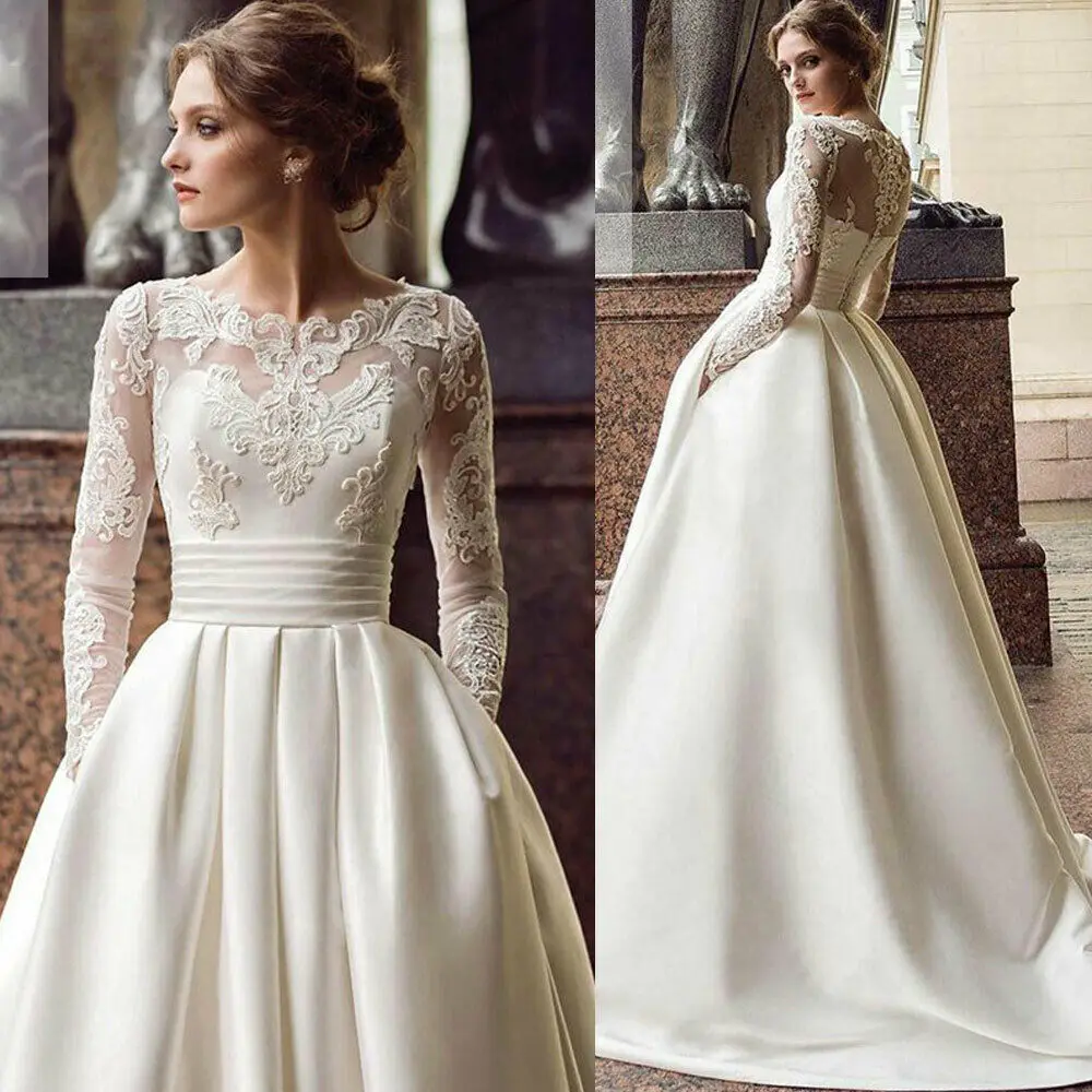 

VENSANAC Lace Appliques O Neck Satin A Line Wedding Dress Illusion Long Sleeve Pleat Sash Sweep Train Bridal Gown