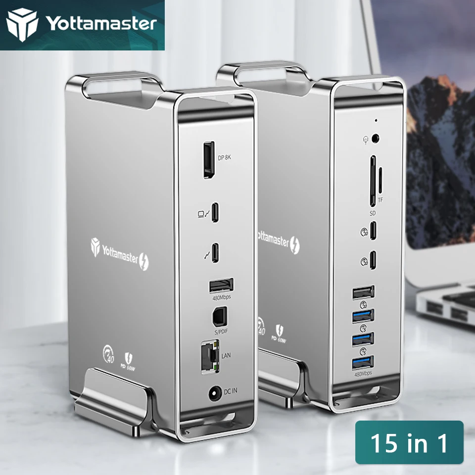 

Yottamaster Thunderbolt 3 Docking Station USB A Type C Multi Port Hub Dock DP 8K 4K Video PD 60W Charging For Macbook Laptop PC