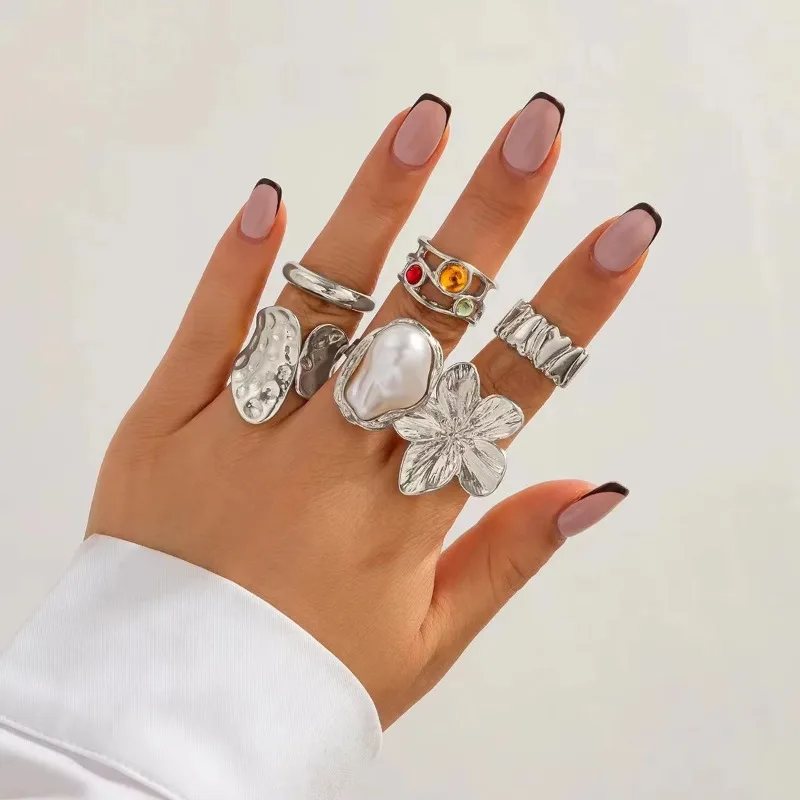 Womens Open Ring with Irregular Metal Flower Design