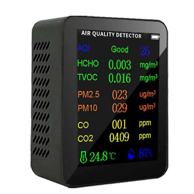 

9 в 1 портативный измеритель качества воздуха PM2.5 PM10 CO CO2 TVOC HCHO AQI тестер температуры и влажности с цветным экраном