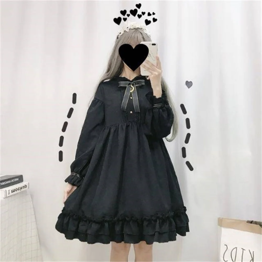 Gothic Dark Black Lolita Long Sleeve Lo Girls Dress Cute Bow Female Kawaii Fashion Lolita Dresses College Style Loose Punk Loli
