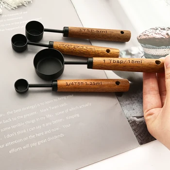 4pcs Black Measuring Cups and Spoons Set Stainless Steel Measuring Cups Spoons Set with Wooden Handle Baking Kitchen Gadgets