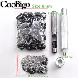Deluxe Metal Grommet Tool Kit for DIY Leather and Fabric Crafts (100 Pieces, Black) (Dia. 8mm)