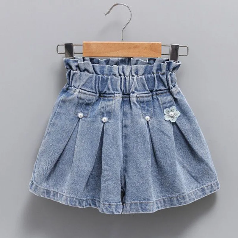 

Kids Fashionable Patchwork Rainbow Flowers Jeans Back Dual Pockets Design Summer Thin Girls' Beaded Wide Leg Loose Short Pants