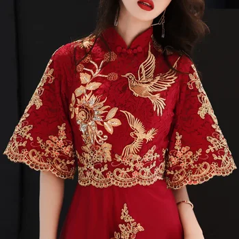 Abiti da banchetto in stile orientale con ricamo bordeaux Donne cinesi Qipao Abiti da cerimonia tradizionali cheongsam da sposa eleganti 1