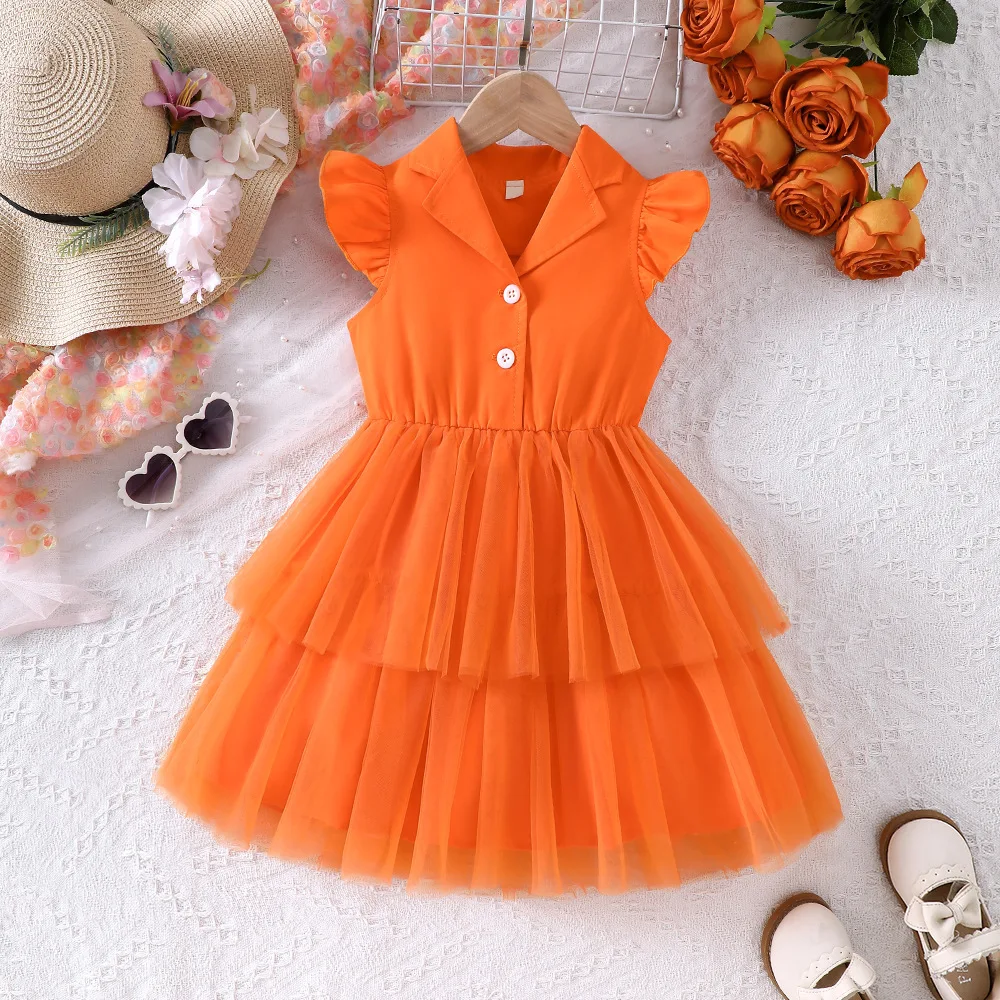 Robe Orange sans manches pour tout-petits, col Blazer avec manches flottantes + jupe en maille Double couche, ludique et El, nouvelle collection printemps et été 1 Robe Orange sans manches pour tout-petits, col Blazer avec manches flottantes + jupe en maille Double couche, ludique et El, nouvelle collection printemps et été 1
