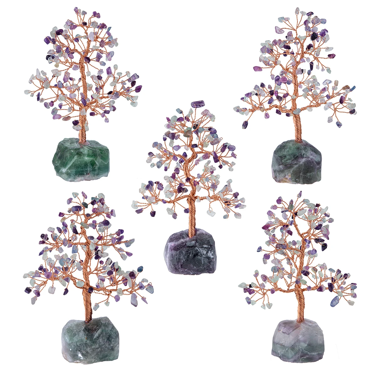 TUMBEELLUWA Natural Fluorite Crystal Money Tree With Rough Gemstone Base Lucky Tree For Home Office Decoration