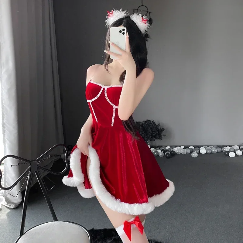 Sexy Christmas Party Princess Costume Female Santa Claus Cosplay Sleeveless Exotic Close-Fitting Mini Dress Outfit
