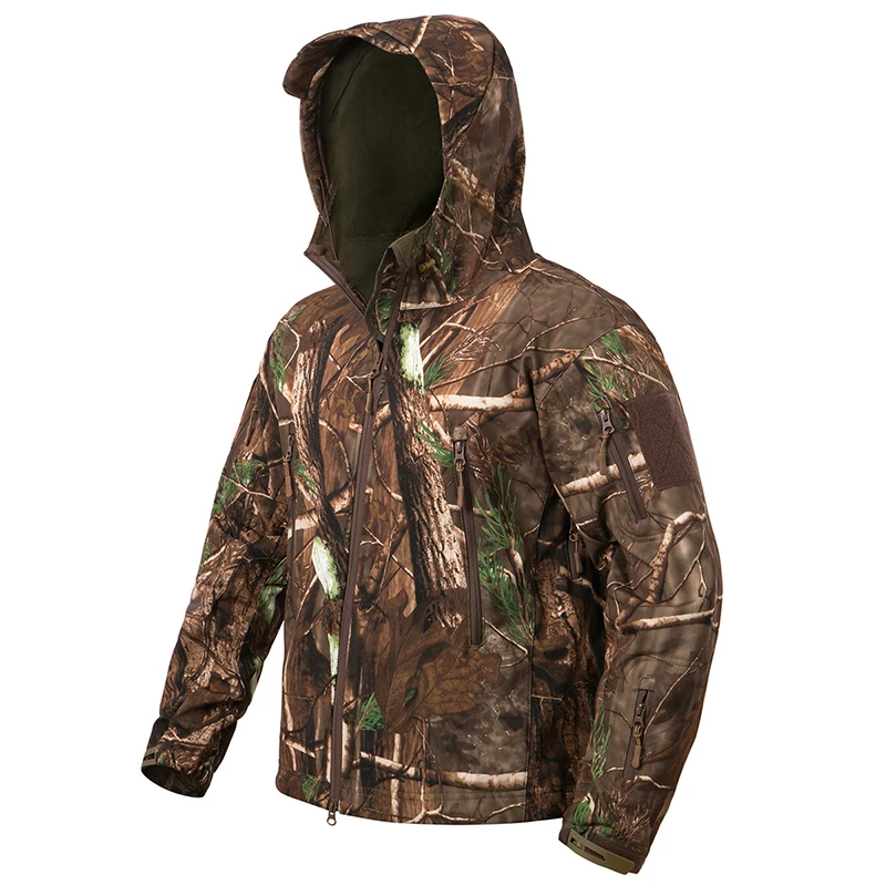 Veste de pêche camouflage silencieuse imperméable - Softshell polaire pour pêche discrète