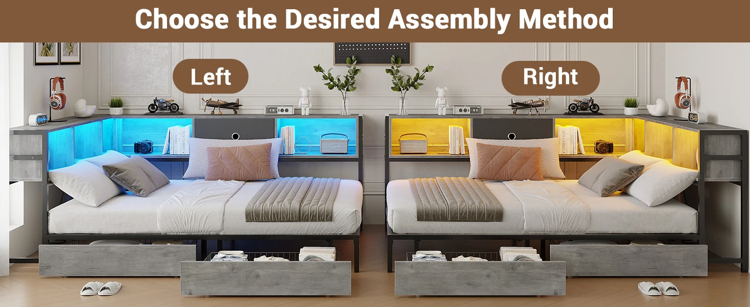 corner bed frame full size with LED lights and charging station