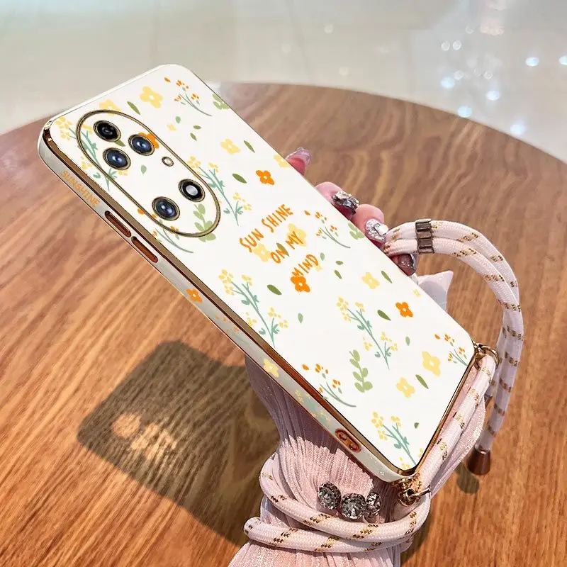 

Summer Greenery Lanyard Plating Phone Case For Huawei P40 P30 P40 P50 Lite P20 Pro Nova 10SE 9SE Mate 50 40 30 Pro Cover