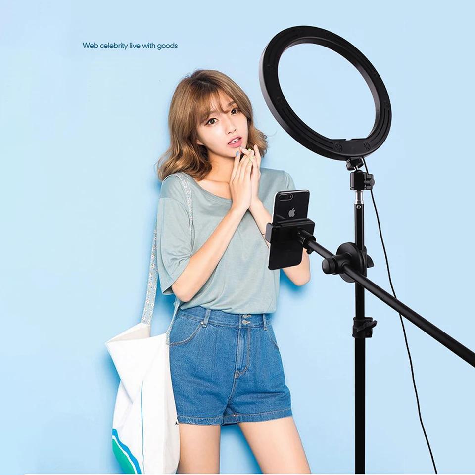 링 라이트 장착 삼각대 스탠드, 오버 헤드용 휴대폰 홀더, LED 램프 테두리, 셀카 라이브 비디오 스트림용, 1.6m, 63 인치