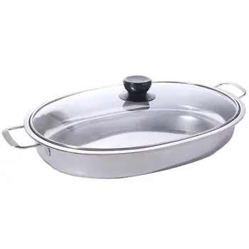 Multipurpose Stainless Steel Oval Grilled Fish Pan Deepened Rust-proof Fish Steamer with Lid with Handle Hot Pot Commercial