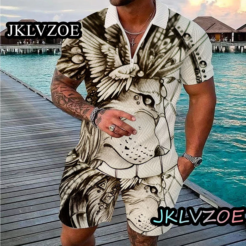 Men's African Animals Tracksuit Summer Short Sleeve Polo Shirt and shorts Suit Set Male Personality Clothing Streetwear For Men