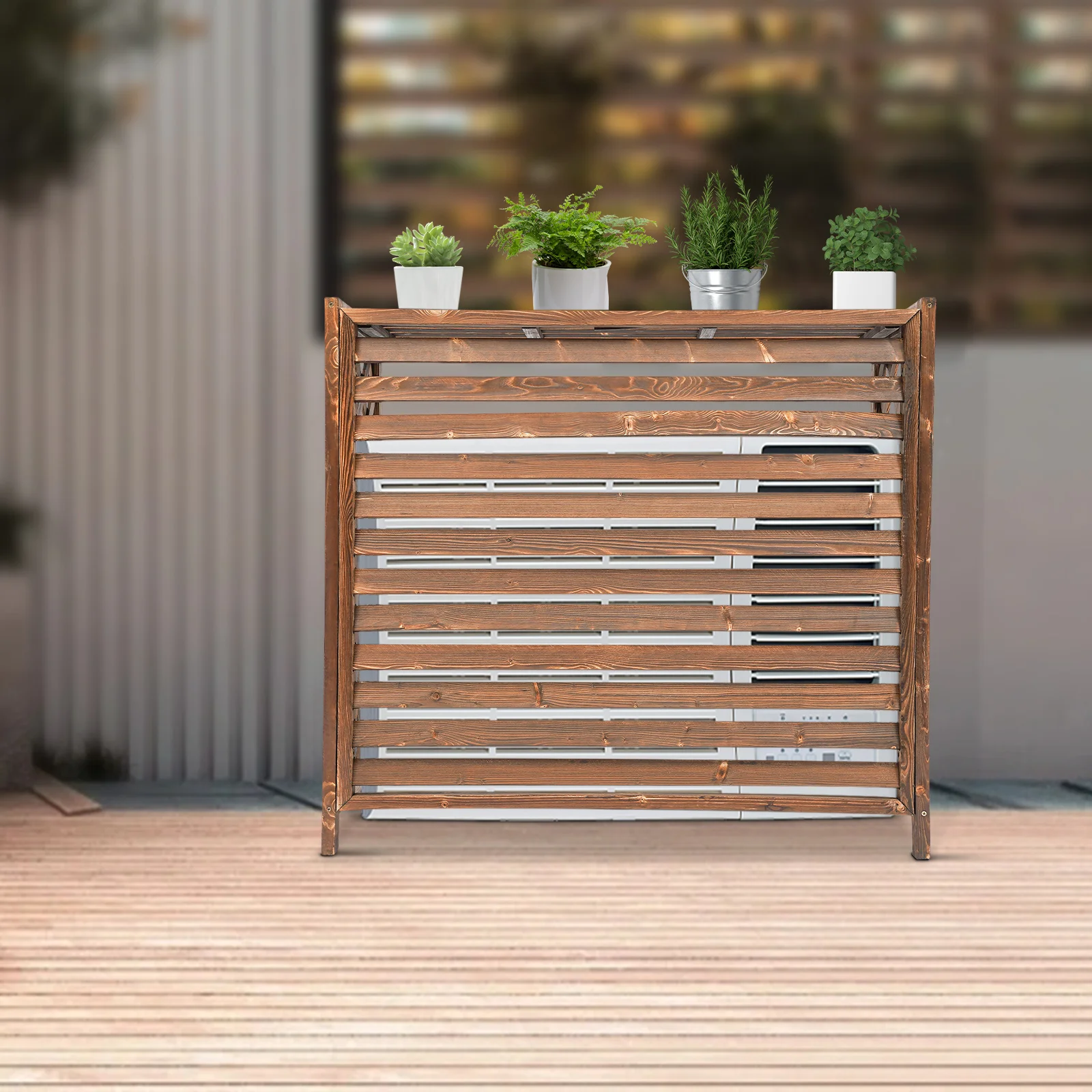 Air Conditioner Cover with Privacy Fence, Waterproof Fir Wood, Sun Protection, Planter Design, Easy Installation, Durable and