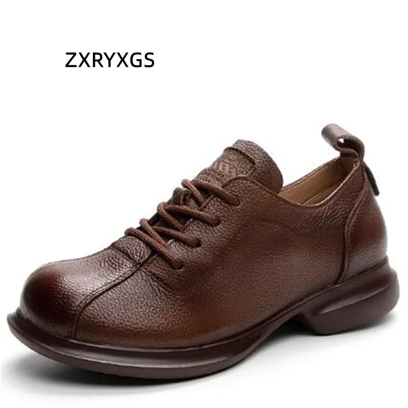 

ZXRYXGS Superior Quality Full Genuine Leather Shoes Comfort Round Toe Soft Sole Low Heel Shoe 2023 New Women Fashion Shoes Tide