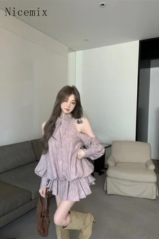 Nicemix Abito camicia a maniche lunghe con colletto polo per donna Autunno nuovo elegante mini abito a pieghe a trapezio casual con spalle scoperte