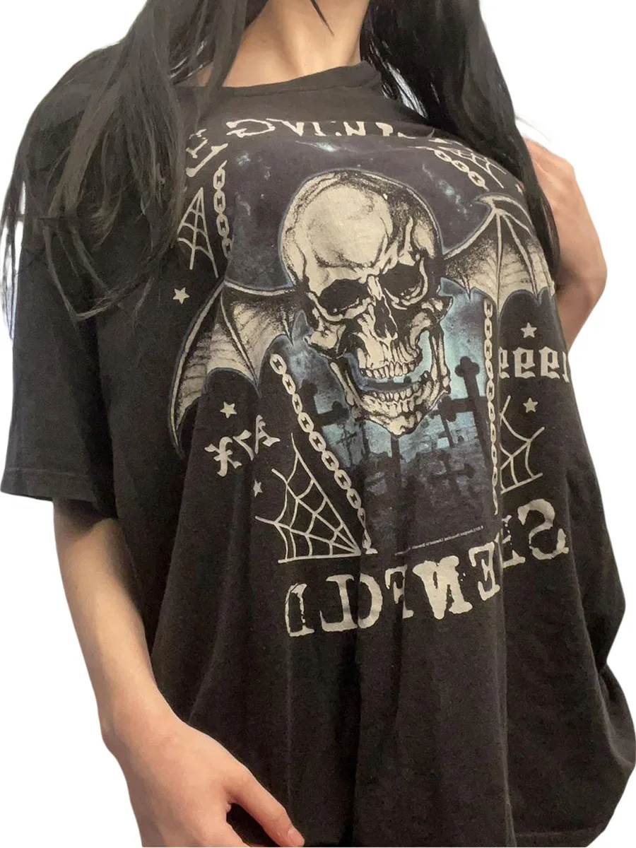 

Women Chic Aeshetic T-shirt,Classic Vintage Crew Neck Short Sleeve Skull Print Summer Slim Casual Loose Fashion Tops Streetwear
