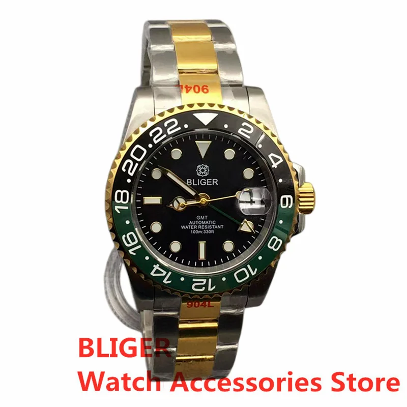 

BLIGER 40mm Two-ton Gold Case NH34 GMT DG3804 Automatic Men Watch Sapphire Glass Date Window Ceramic Bezel Jubilee/Oyster Strap