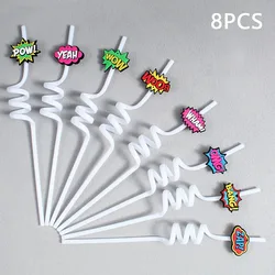 Set of 8 Reusable Spiral Straws with Decorative Lids - Perfect for Birthdays and Themed Celebrations (White)