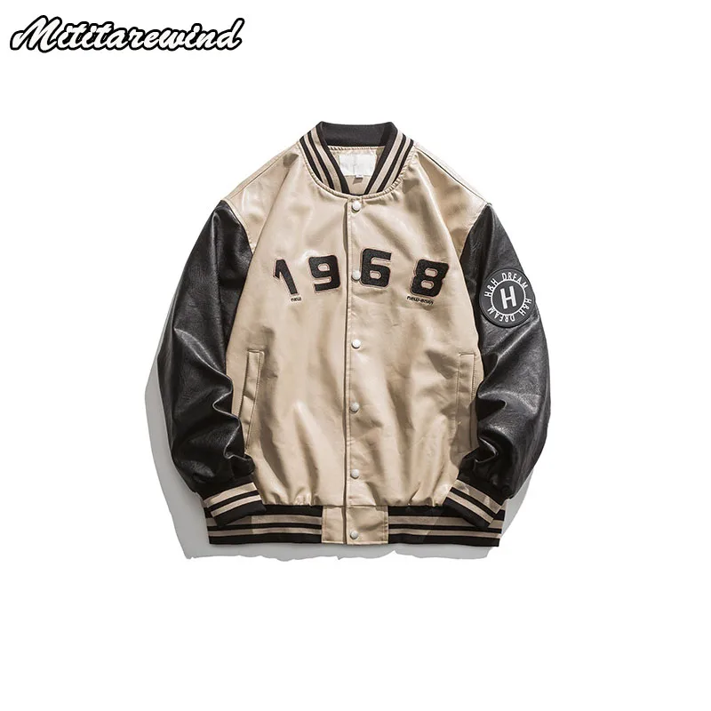 

American Fashion PU Splice Baseball Pilot Jacket For Men Autumn Couple China-Chic Hip Hop Casual Coats Vintage High Street Baggy