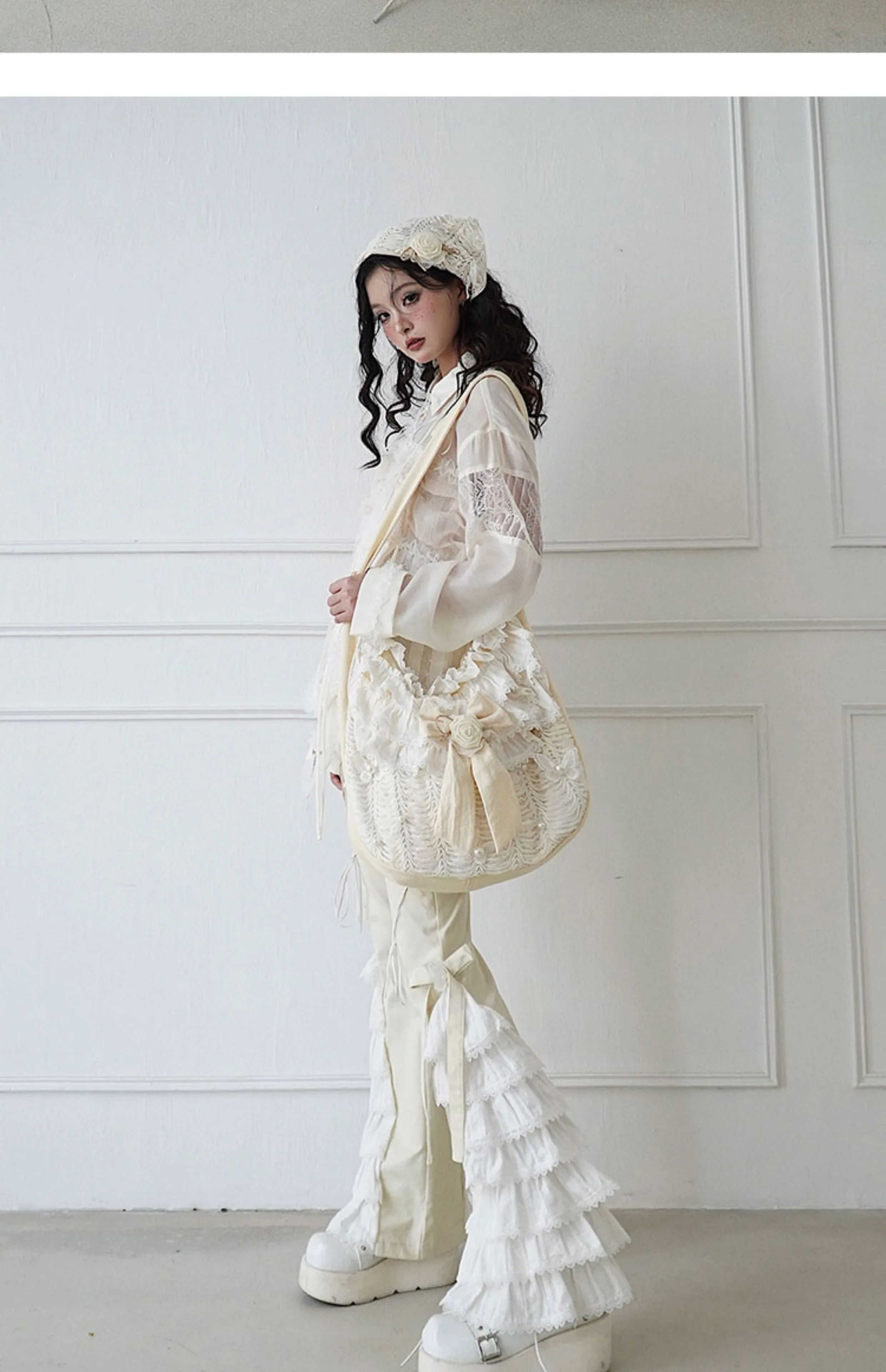 Harajuku Gothic Pants for Girl, Off White Lace, Casual Pants