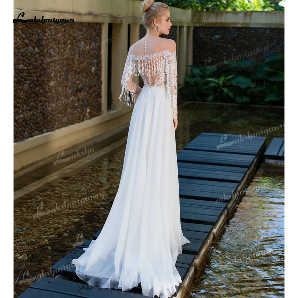 Tassel Lace Chiffon Boho Wedding Dress Illusion Long Sleeve Bridal Gown High Slit A-Line Sweep Train Wedding Gowns Customized 2