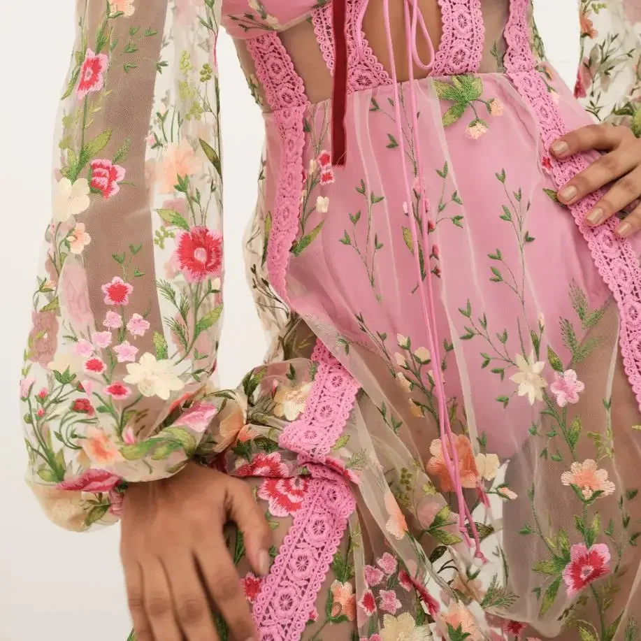 2024 Women's Sexy Holiday Bikini Cover-Ups Beach Flower Embroidery Dress Long Sleeve Dress See Through Mesh Sheer Dresses