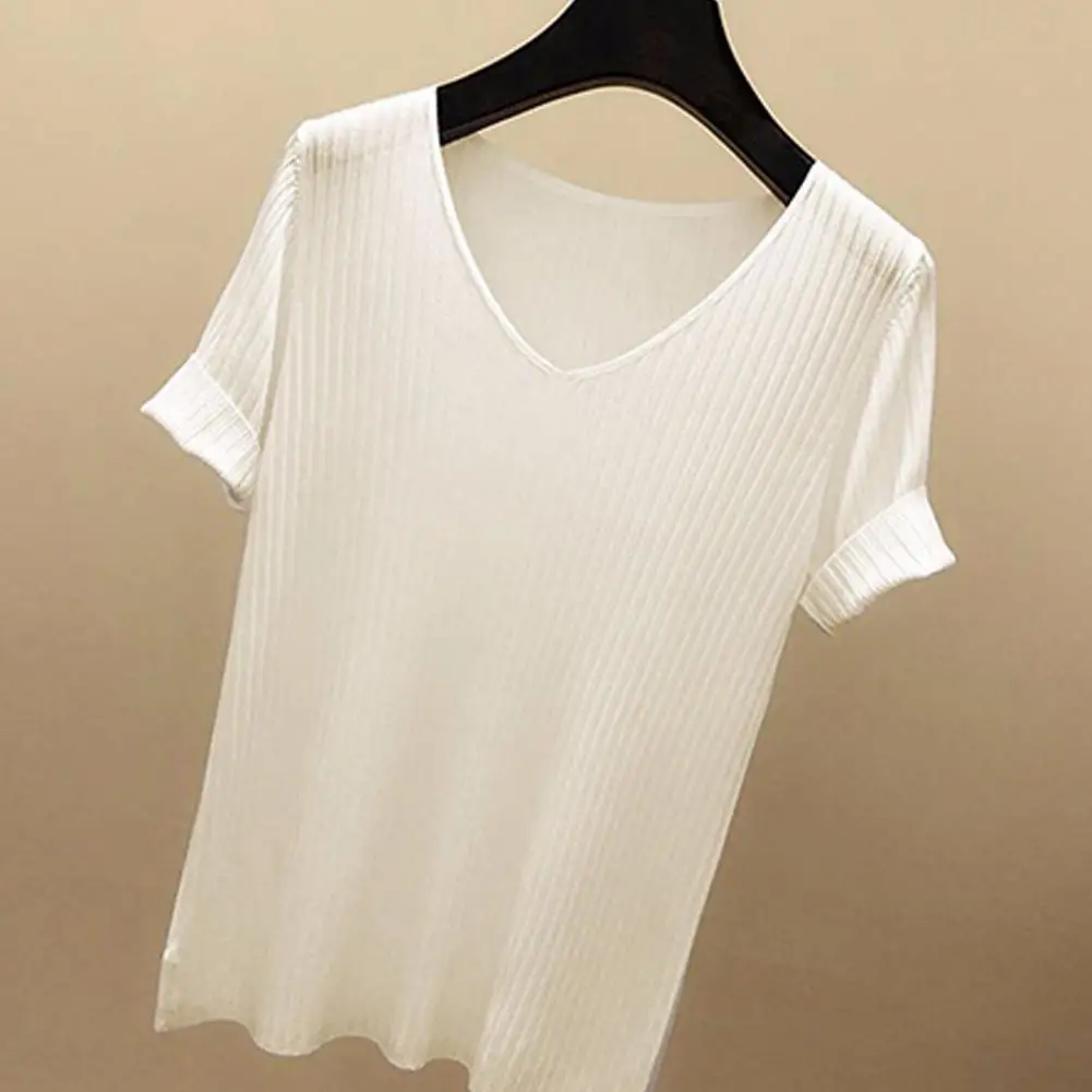 

Breathable V-neck Shirt Solid Color V-neck Ribbed Knit Women's Summer T-shirt Regular Fit Short Sleeve Tee for Work Daily Wear
